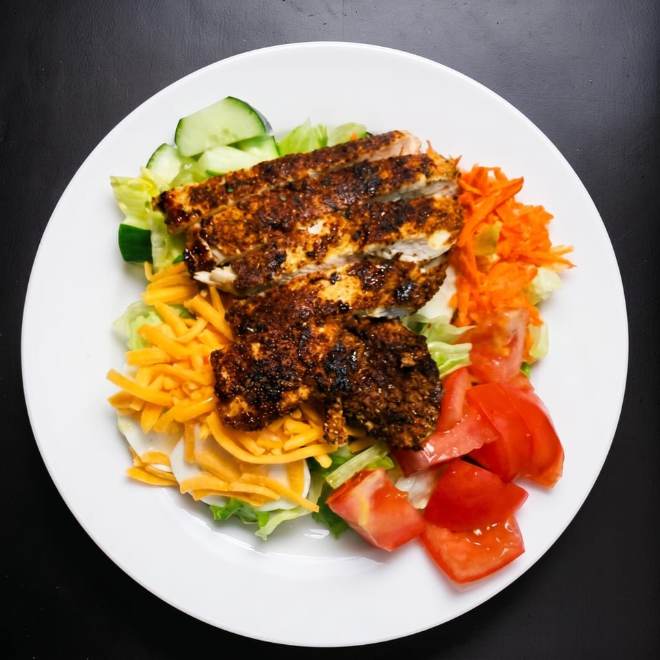 Grilled chicken salad with lettuce, cucumbers, shredded cheese, carrots, and tomatoes on a white plate.