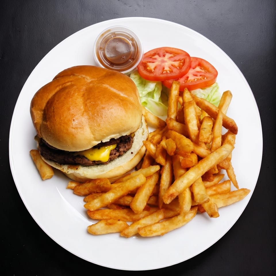 Cheeseburger with fries, lettuce, tomato slices, and a side of sauce on a white plate.