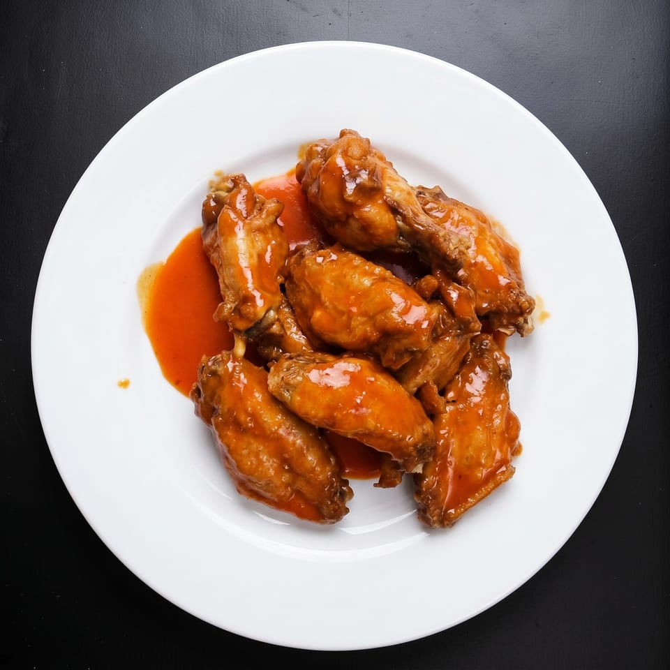 A white plate holds several chicken wings coated in a vibrant orange-red sauce.