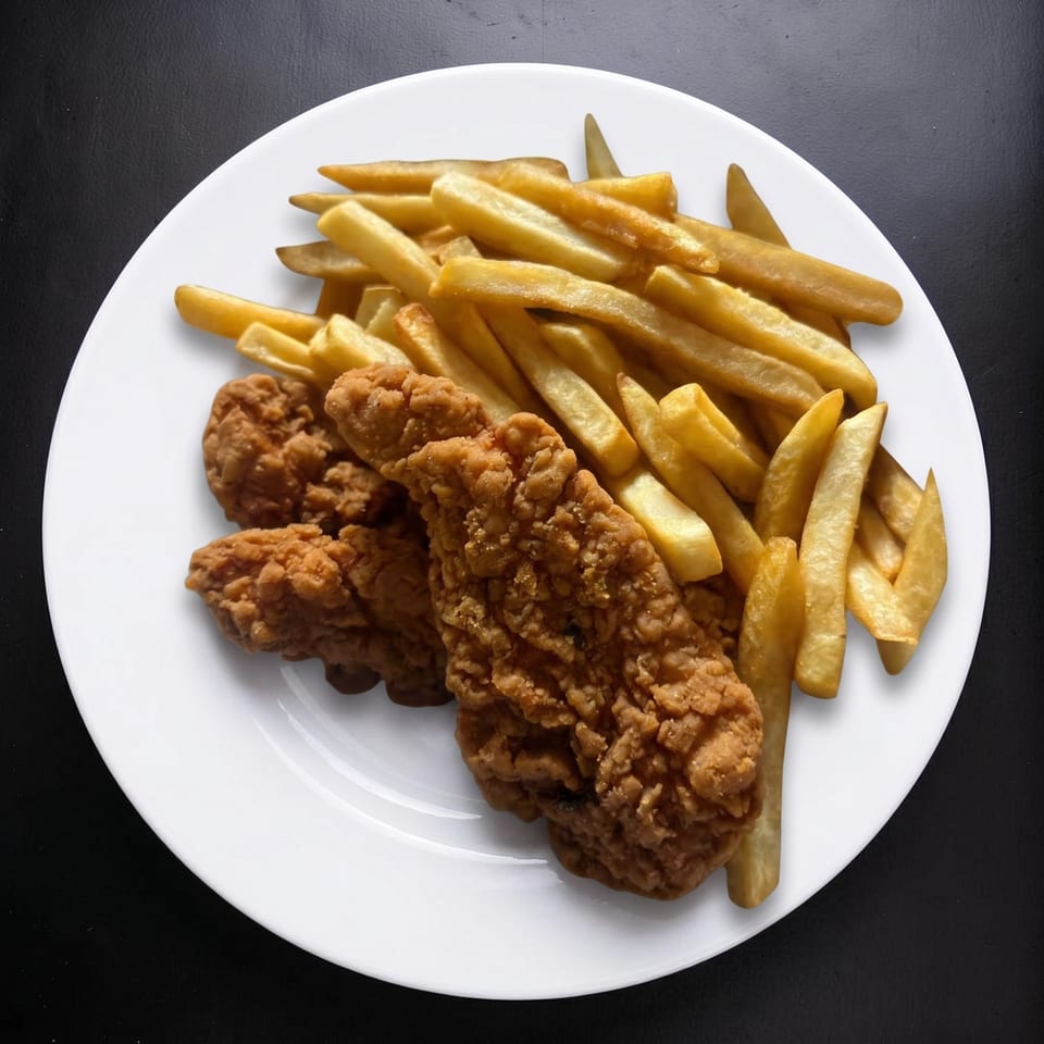 Crispy fried chicken tenders and golden french fries on a white plate against a dark background.
