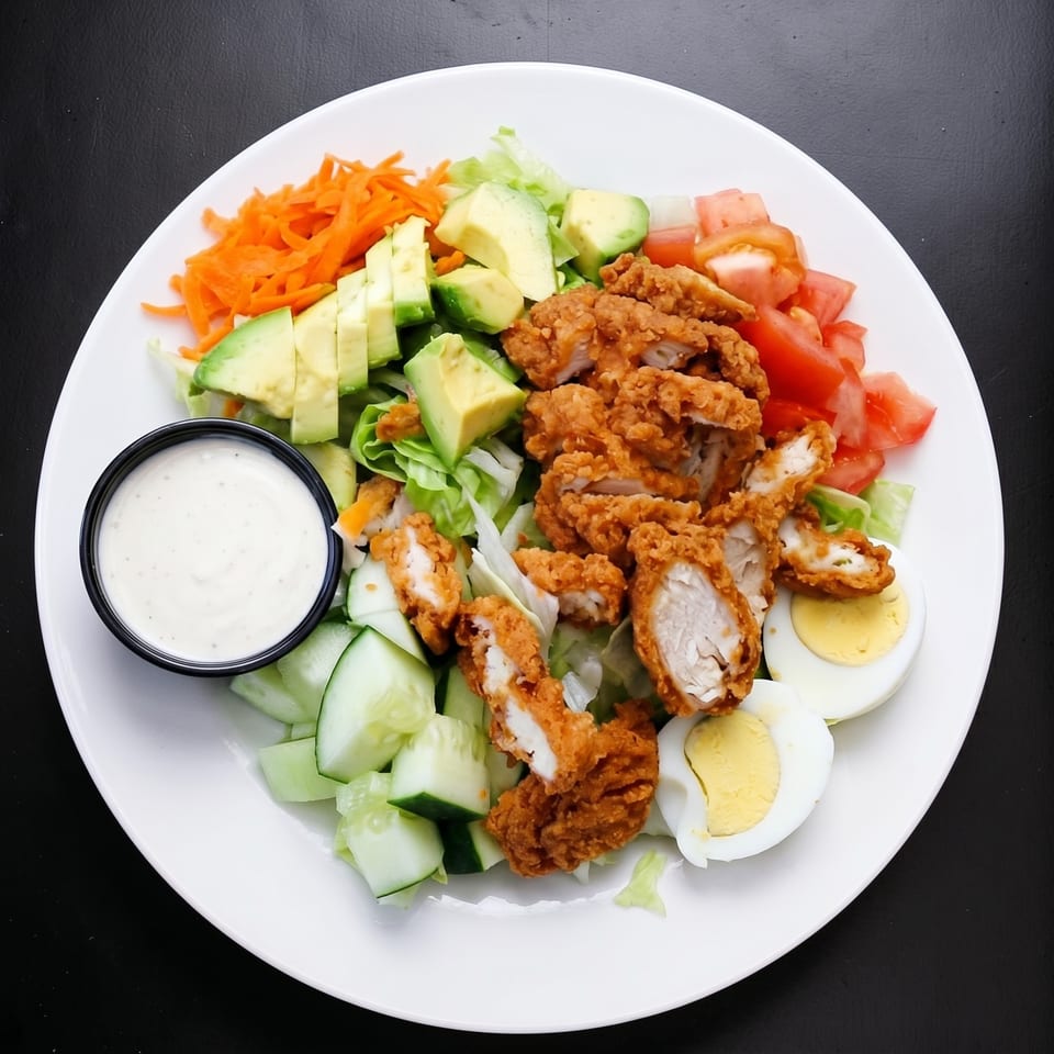 Crispy chicken salad with avocado, tomato, carrots, cucumber, hard-boiled eggs, and ranch dressing.